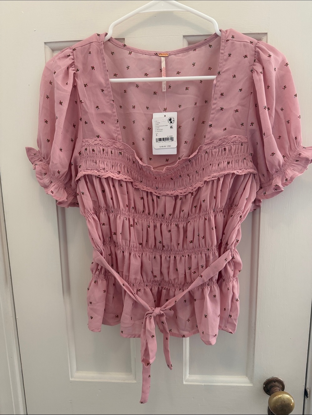 NWT Free People Dusty Pink Smocked Tie-Waist Blouse